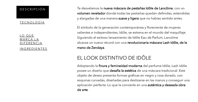 Ejemplo de copywriting para el sector de la belleza. Descripción de la máscara de pestañas Idôle de la marca Lancôme.